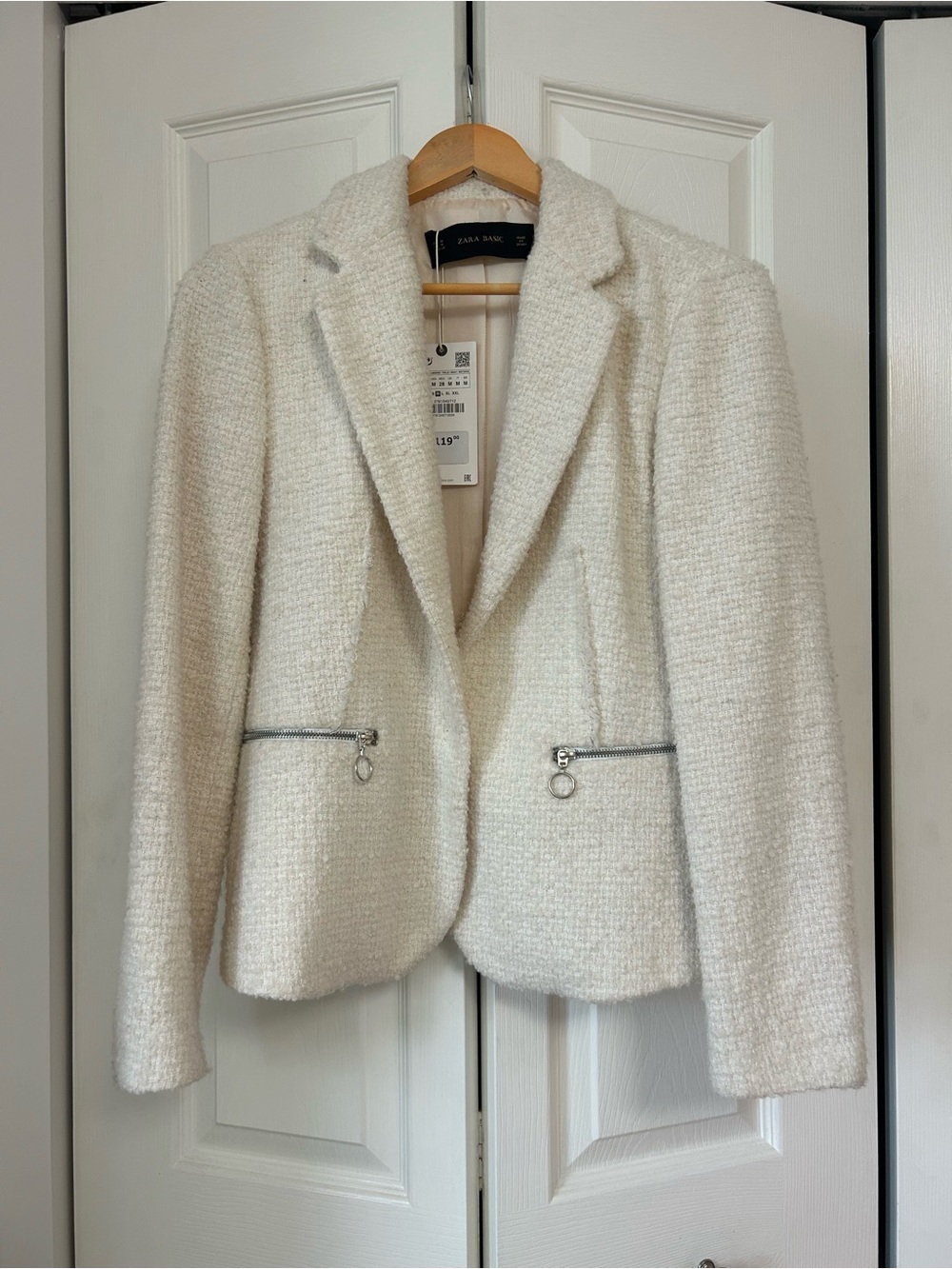 Zara Ivory Bouclé Blazer with Zip Pocket Details